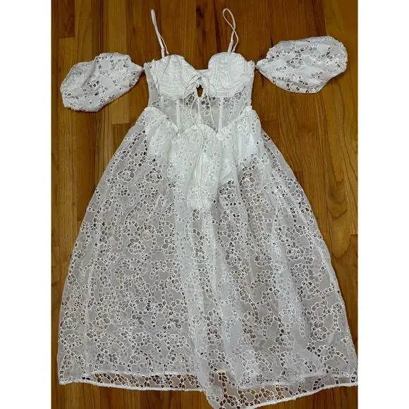 For Love & Lemons Romi Midi‎ Dress in White Small Floral Eyelet Puff Sleeve